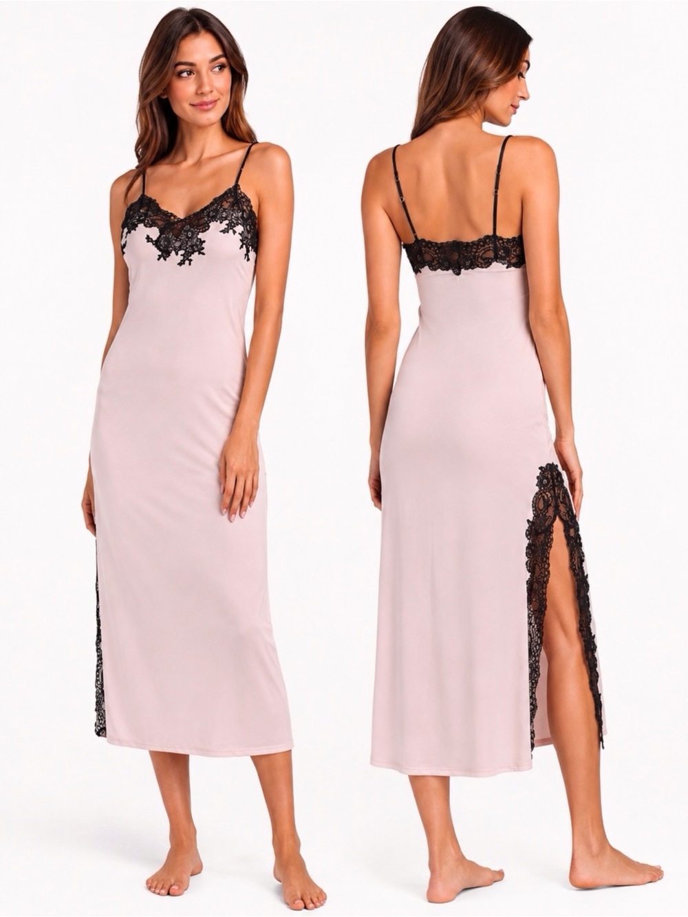 NATORI Enchant Women’s Silky Chemise Pale Pink Black Lace Bridal Nightgown Slip
